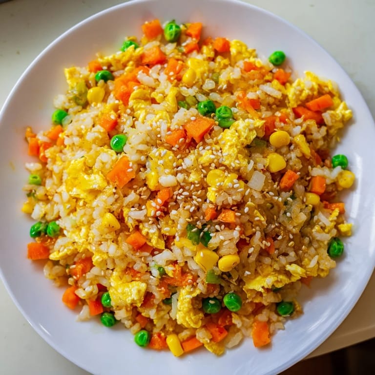 Savory frozen veggie fried rice, served hot, with sesame seeds and green onions on top.