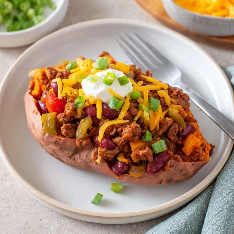 A close-up image shows loaded baked sweet potato stuffed with chili, topped with fresh green onions.