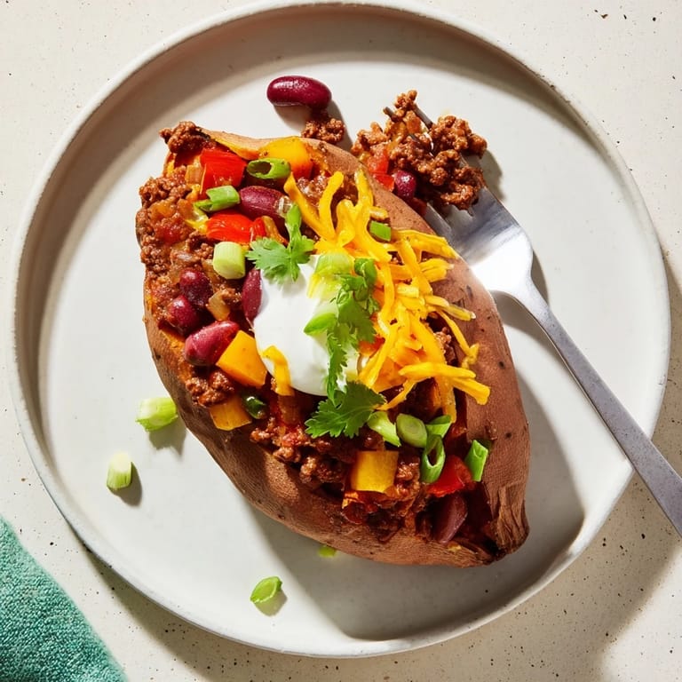 Visualize a comforting plate of baked sweet potato stuffed with chili, a delicious and easy meal.