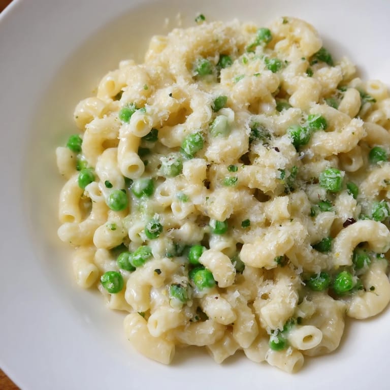 Freshly made Macaroni & Peas, a simple weeknight meal with pasta and tender peas.