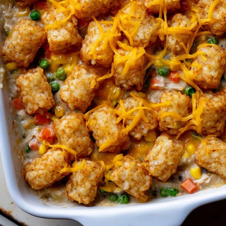 A warm and comforting Tater Tot Chicken Pot Pie, featuring a creamy chicken and vegetable filling.