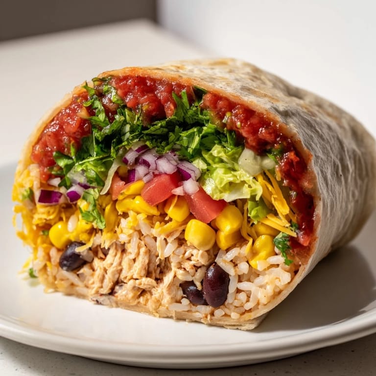 A delicious cross-section of Rice & Bean Burritos reveals layers of rice, beans, and colorful veggies inside.