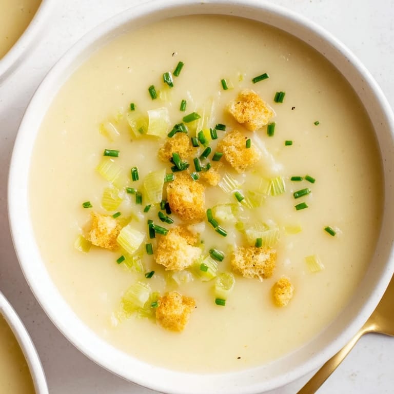 A steaming bowl of Potato Leek Soup, showcasing a smooth texture and rich, savory flavors perfect for lunch.
