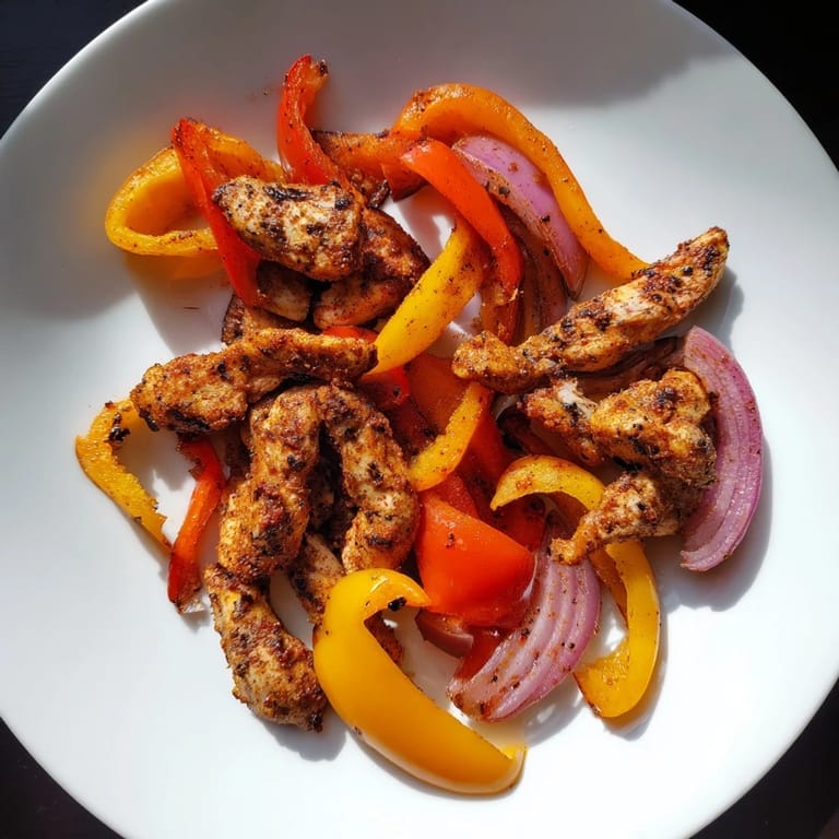 A delicious close-up: Sheet-Pan Chicken Fajitas, loaded with chicken, peppers, and onions, perfect for dinner.