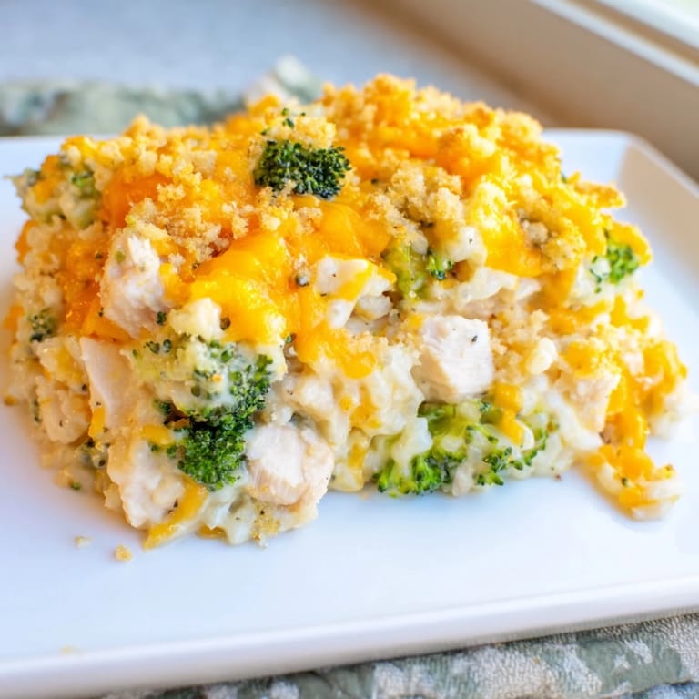 Close-up of baked Chicken & Broccoli Rice Casserole, showcasing tender chicken amidst fluffy rice.