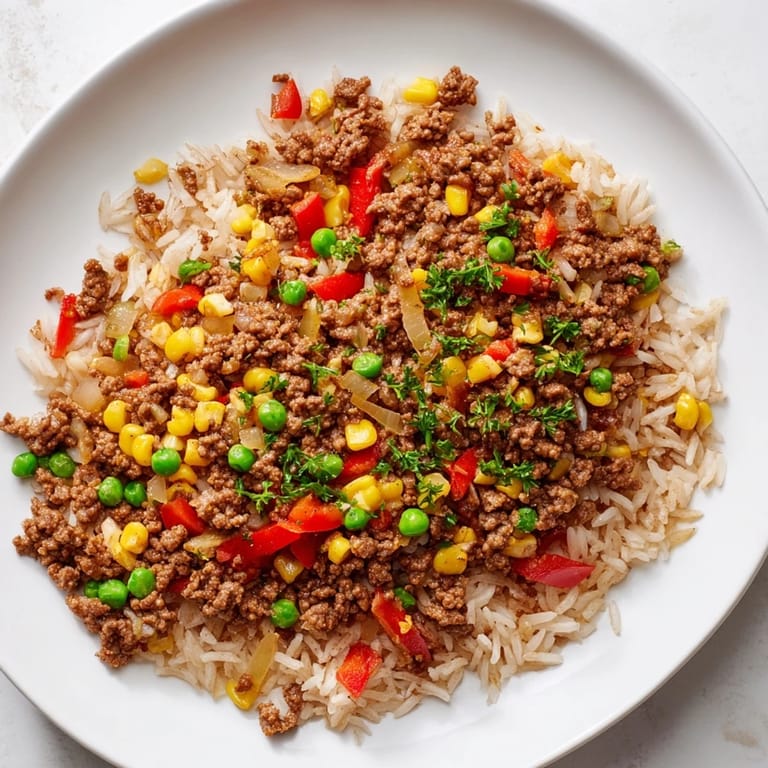This delicious Ground Beef Skillet with Veggies & Rice features tender beef, fresh vegetables, and rice.