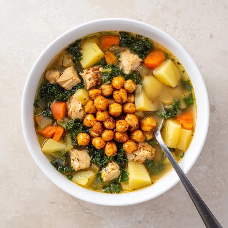 Hearty Chicken Kale Soup with Crispy Chickpeas, a vibrant, wholesome meal served in a bowl.