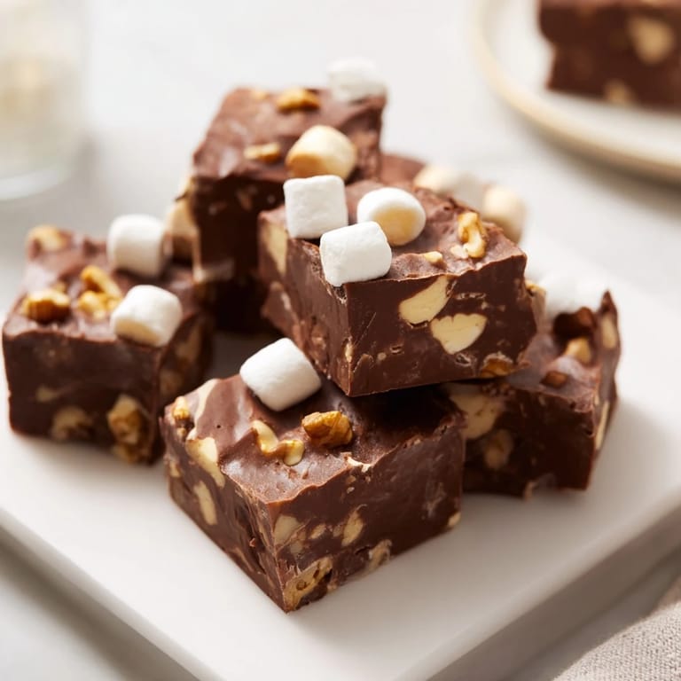 Homemade Easy Marshmallow Fudge, a quick microwave dessert, has a smooth chocolate texture with marshmallows.