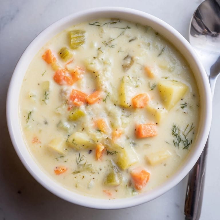 Enjoy a spoonful of flavorful creamy dill pickle soup, garnished with fresh dill for extra zest.