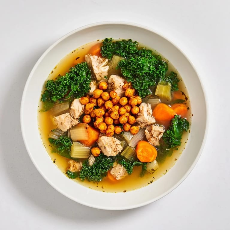 A close-up view of Chicken Kale Soup, garnished with golden, crunchy spiced chickpeas.