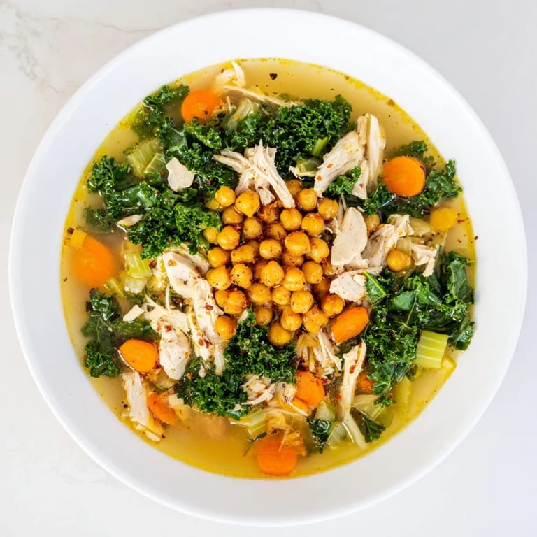 Lemony Chicken Kale Soup simmering in a pot, ready to be served with crispy chickpea topping.
