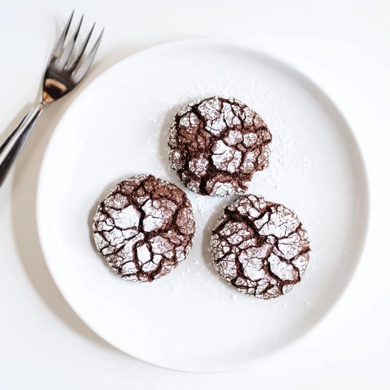 Warm, freshly baked Chocolate Crinkle Cookies, ready to be enjoyed with a glass of milk.