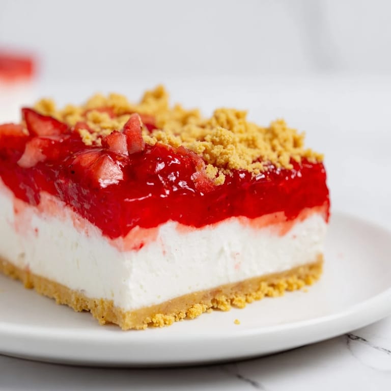 A close-up of strawberry shortcake cheesecake reveals its creamy texture and delicious crumble topping.