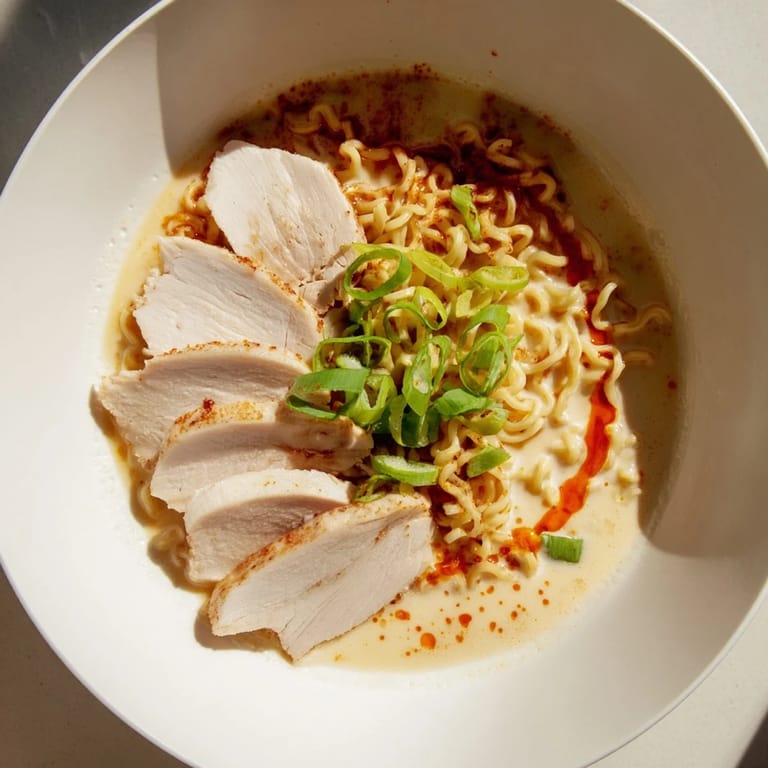 Enjoy the visually stunning bowl of Fiery Chicken Ramen: flavorful noodles topped with chicken and fresh green onion garnish.
