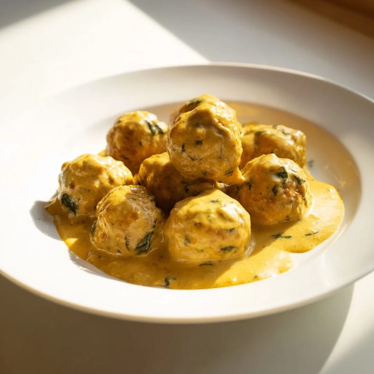 A close-up of steaming turkey meatballs in pumpkin sage sauce, perfect for a cozy autumn meal.
