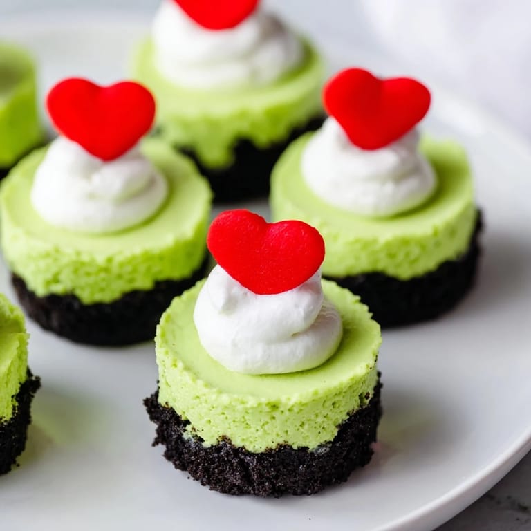 A close-up of festive Grinch Mini Cheesecakes: creamy, green, and perfect for Christmas dessert.