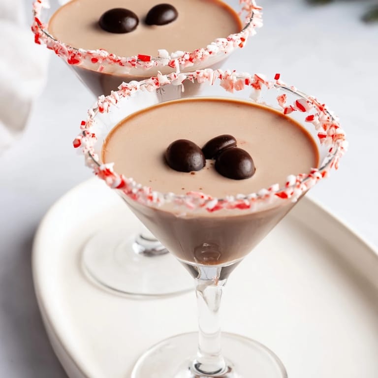 Festive chocolate peppermint rimmed glasses filled with cold Peppermint Espresso Martinis, ready to serve.