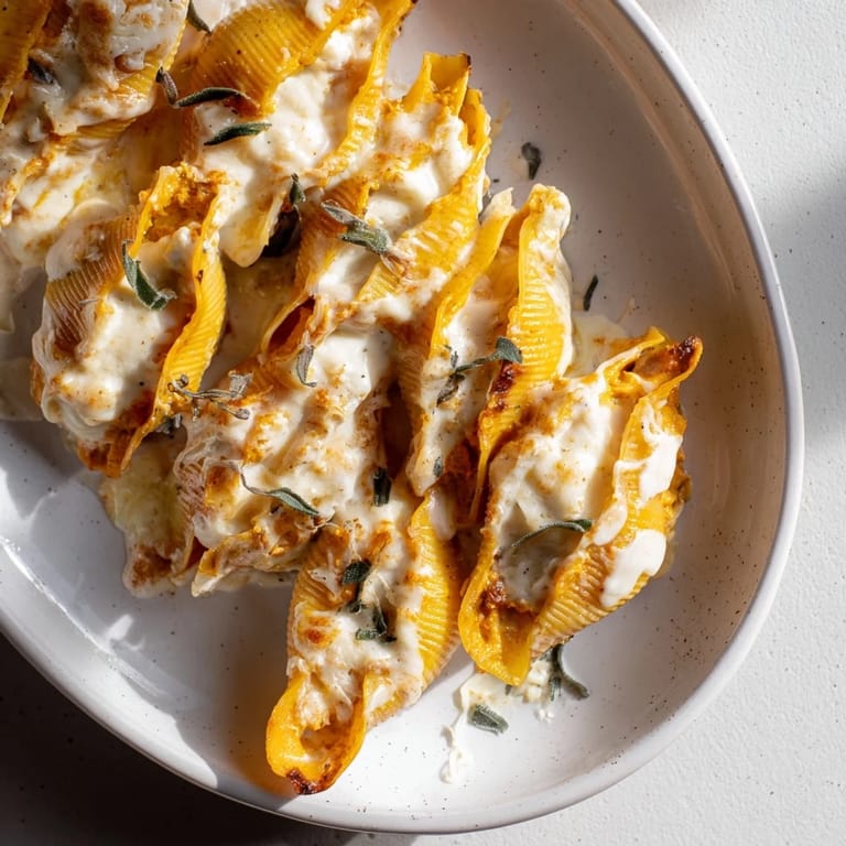 Delicious, baked Pumpkin & Gouda Stuffed Shells, boasting rich aromas of brown butter and fresh sage.