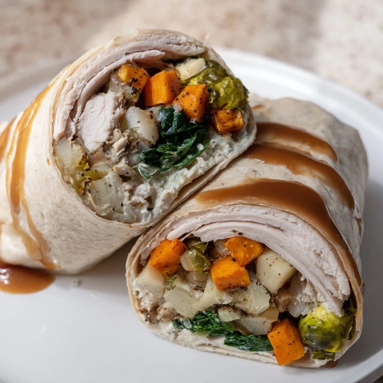 This Simple Christmas Leftover Wrap Hack highlights a beautifully wrapped and sliced, flavorful portable lunch.