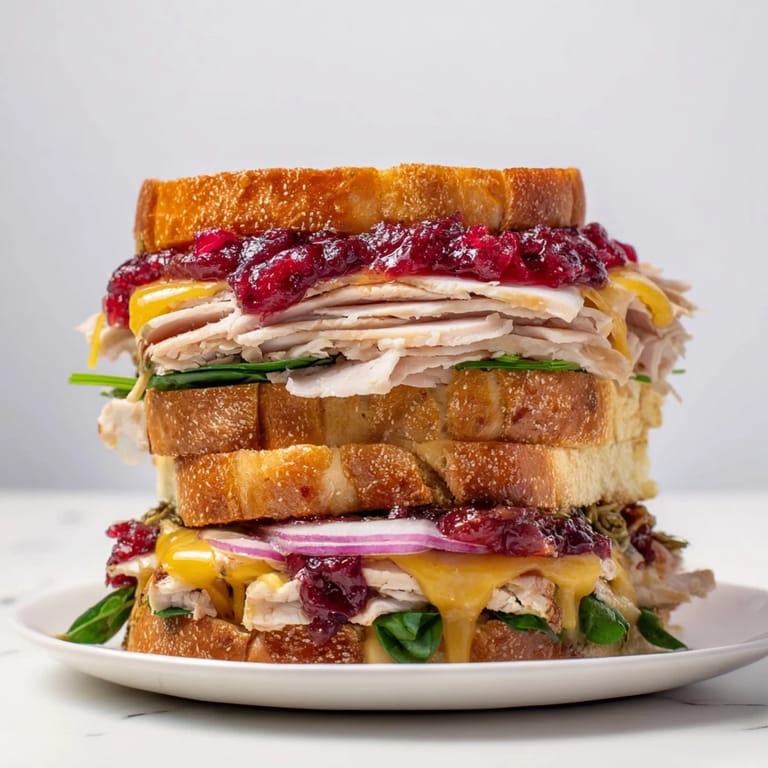 Enjoy a festive Budget Christmas Sandwich on brioche, loaded with turkey and served warm and toasty.