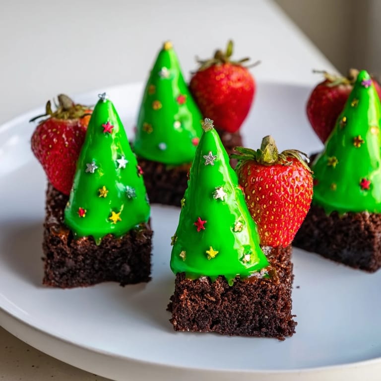 Homemade Express Christmas Tree Brownie Hats are a quick dessert, showcasing adorable strawberry and frosting Christmas trees.