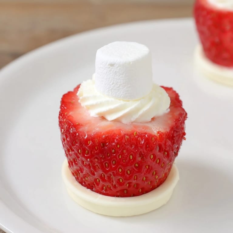 Sweet Air Fryer Santa Hat Strawberries, topped with marshmallow, a fun and easy holiday treat.