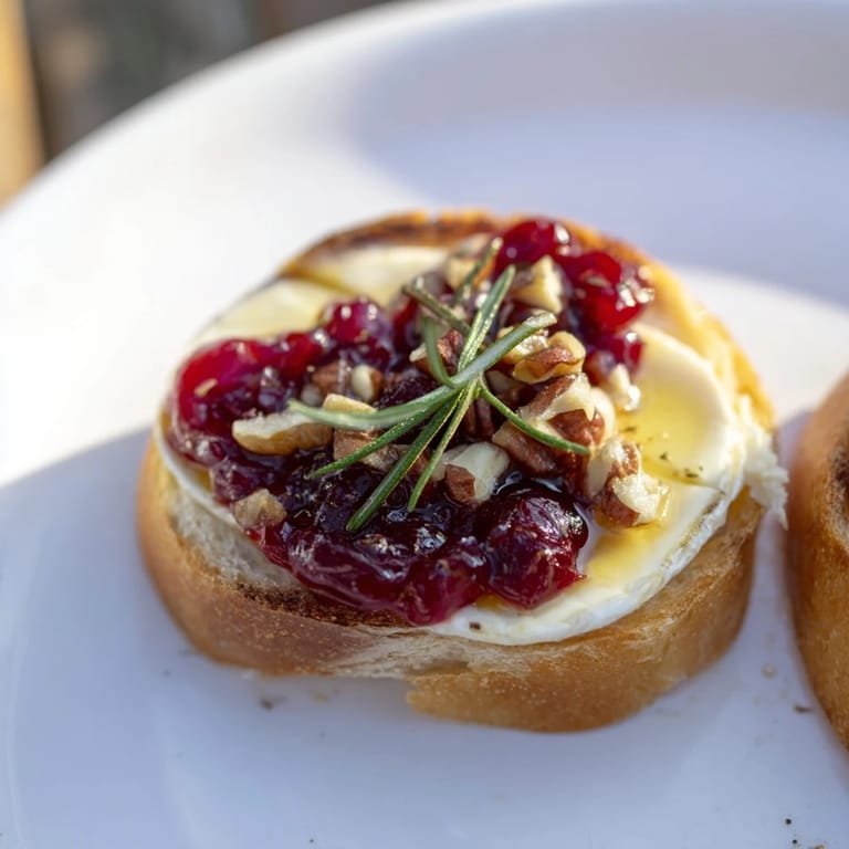 Melted Brie cheese atop crispy baguette slices in this Quick Cranberry Brie Crostini appetizer photo.