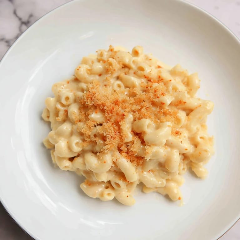 A close-up of a bowl of Easy Tinis Mac & Cheese, ready to eat, with perfectly cooked macaroni.