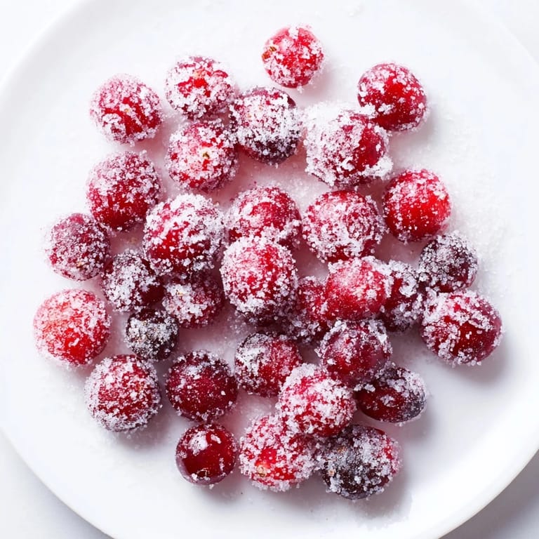 A close-up of vibrant vegan candied cranberry garnish, ready to brighten desserts and platters.