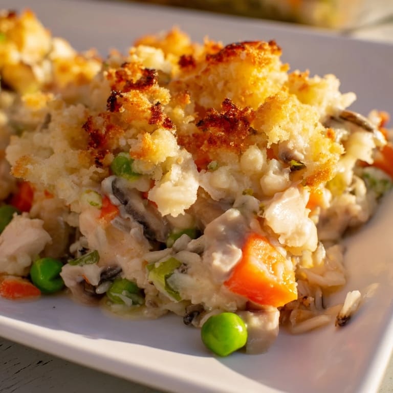 Warm, hearty Chicken and Wild Rice Bake, showcasing tender chicken pieces over fluffy wild rice.
