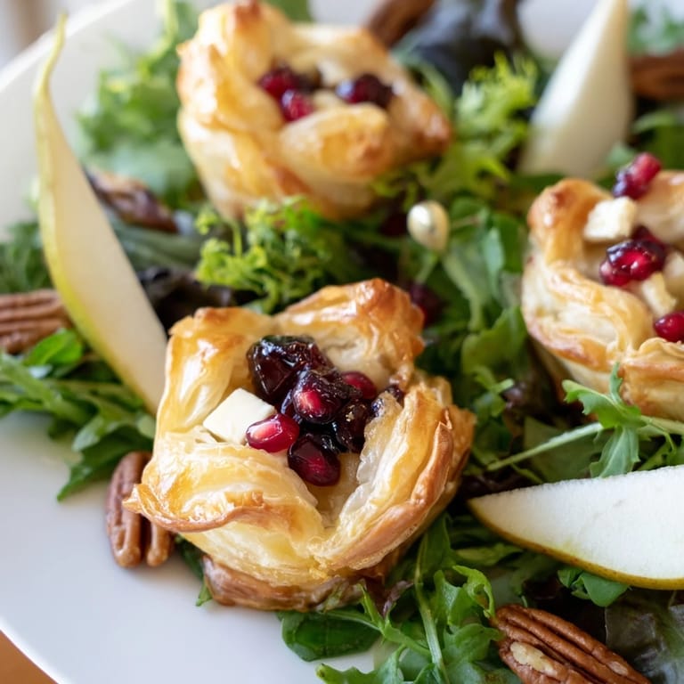 Elegant arrangement: Cranberry and brie flower bites served on a bed of fresh, dressed greens.