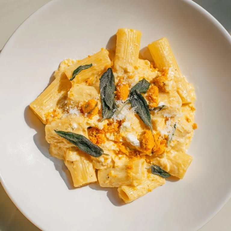 A comforting bowl of Roasted Butternut Squash and Sage Goat Cheese Pasta, with crispy sage garnish.
