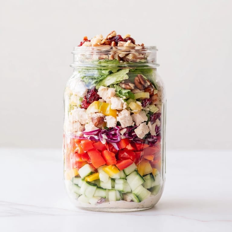This festive layered holiday chopped chicken salad jar presents colorful layers of chicken, cranberries, and vegetables.