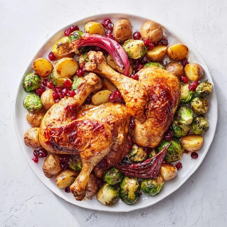 Golden-brown sheet pan chicken with cranberry vinaigrette, a delicious and easy weeknight dinner.
