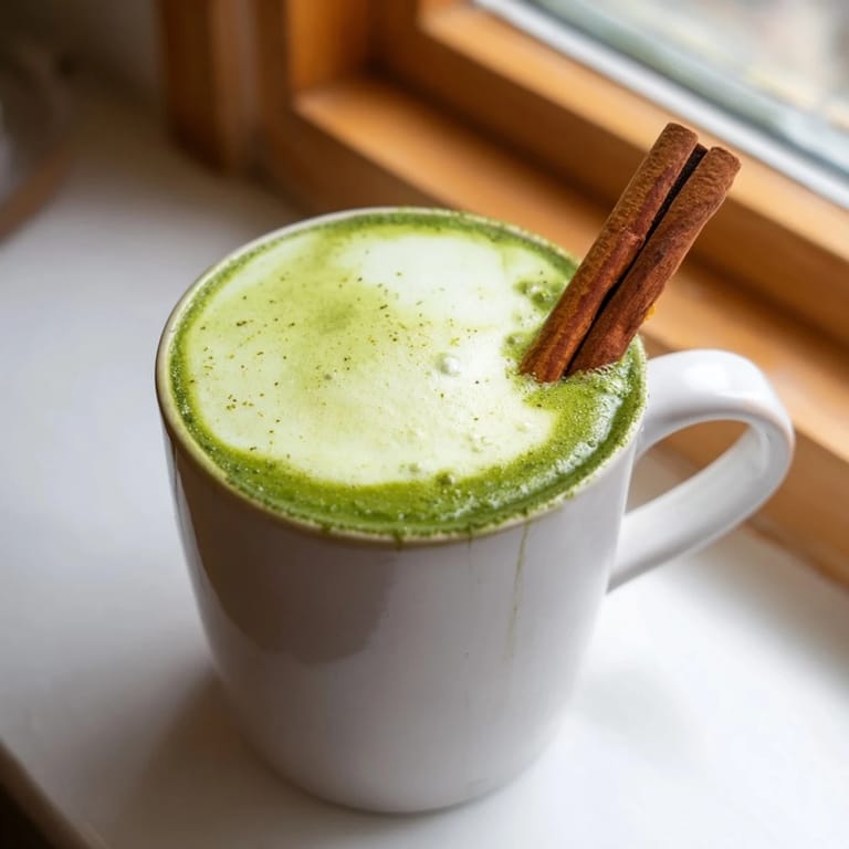 Steaming mug of Maple Cinnamon Gingerbread Matcha Oat Latte, perfect to enjoy on a chilly morning.