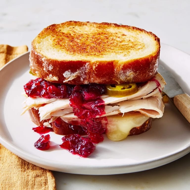 Warm, toasted Air Fryer Jalapeño Cranberry Turkey Grilled Cheese, perfect for lunch, with the tangy cranberry sauce visible.