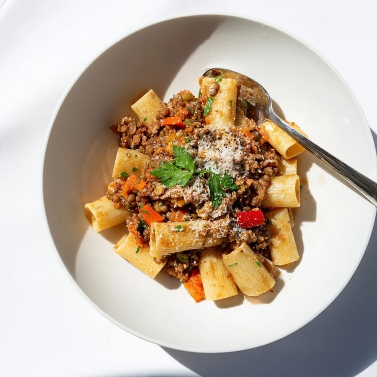 Delicious High-Fiber Lentil Bolognese over whole wheat pasta, garnished with fresh herbs and cheese.
