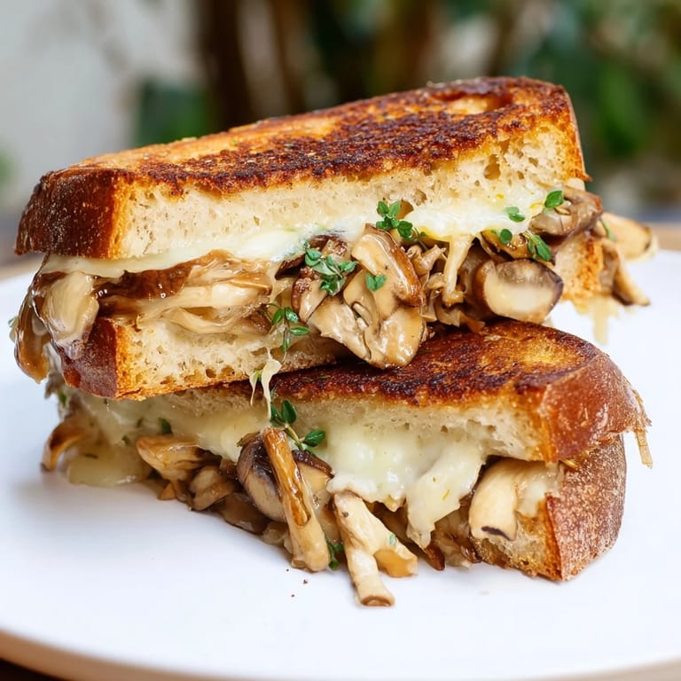 Crispy sourdough slices encase savory Roast Garlic Mushroom & Thyme Grilled Cheese, perfect for lunch or dinner.