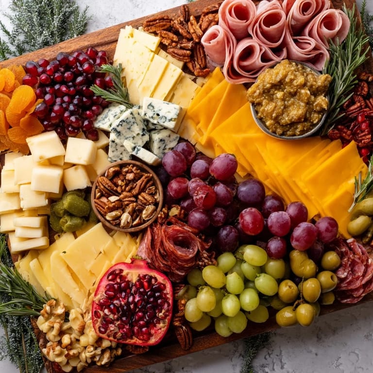 Festive Sleigh Ride Charcuterie: artisan cheeses, cured meats, fresh fruit and lovely rosemary sprigs to add cheer.