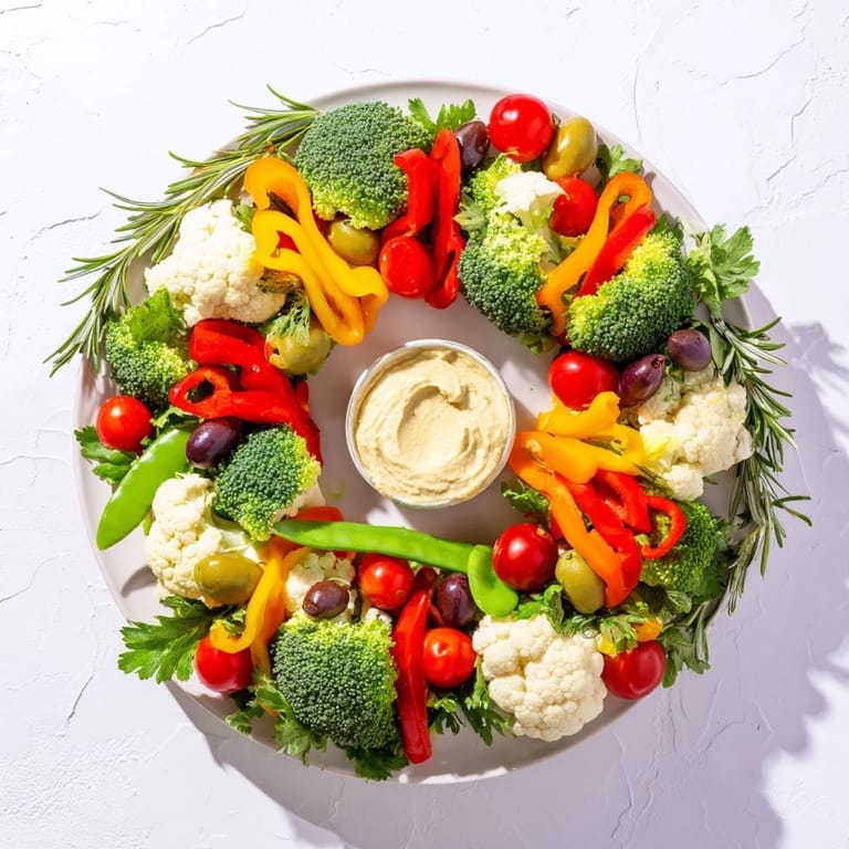 Freshly assembled Garland Veggie Wreath: a visually stunning, healthy appetizer perfect for holiday tables.