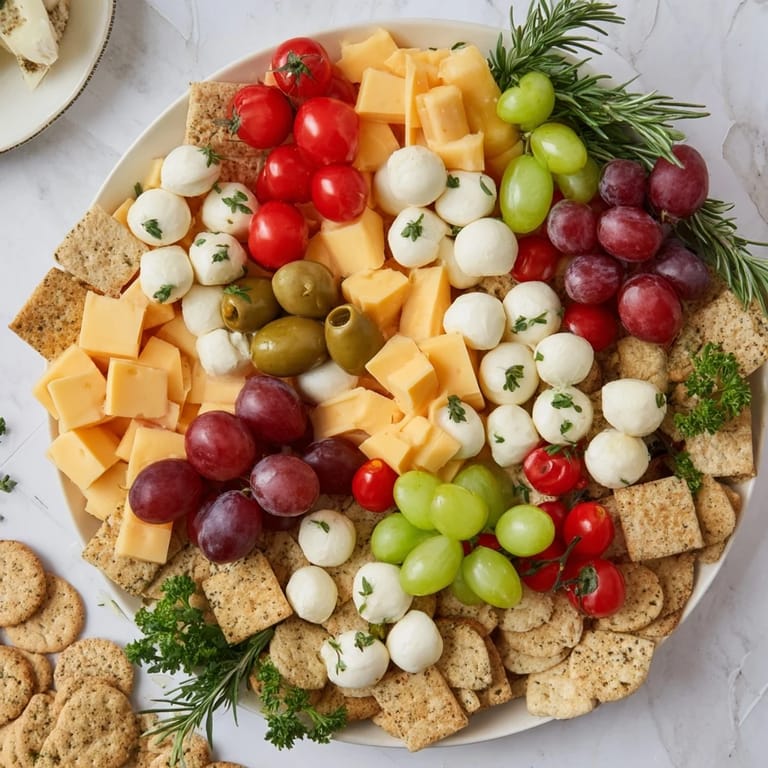 Appetizing Jingle Bell Cheese & Cracker Wreath, showcasing an array of crackers encircled by fresh cheese and garnishes.