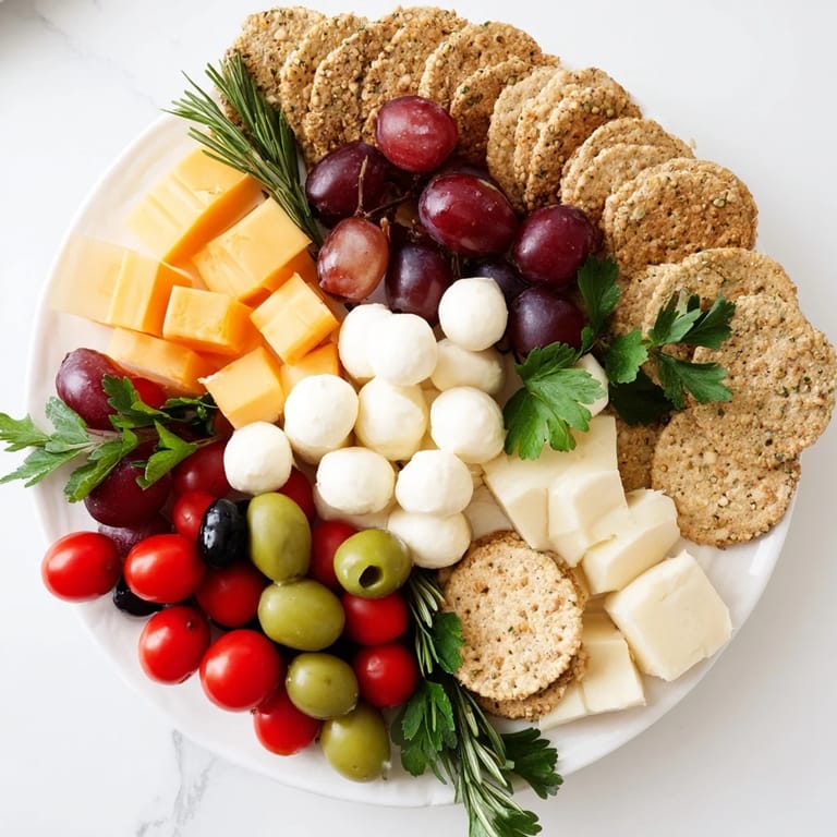 Delicious Jingle Bell Cheese & Cracker Wreath, a vegetarian appetizer with cheeses, crackers, and fragrant rosemary sprigs.