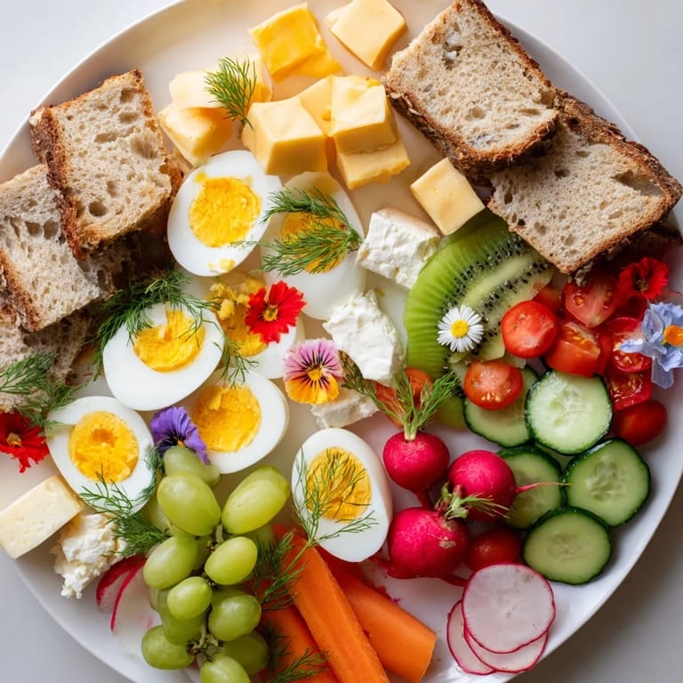A stunning Easter Egg-cellent Brunch Board overflowing with flavorful cheeses, breads, and delightful spring produce.