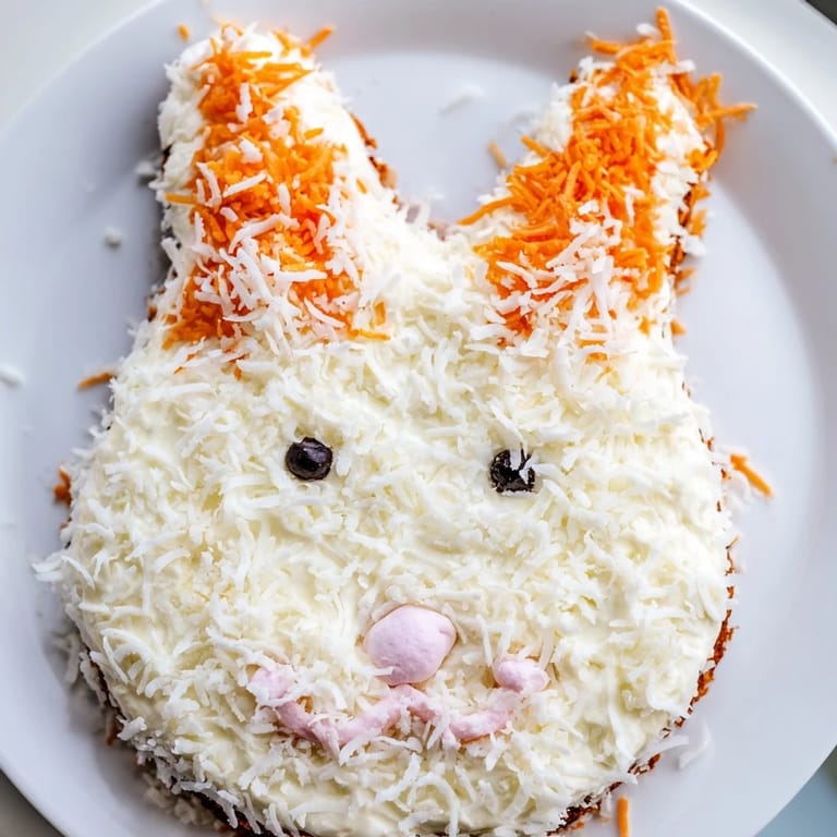 This vibrant Spring Bunny Carrot Cake features creamy frosting and a delicate coconut fur finish.