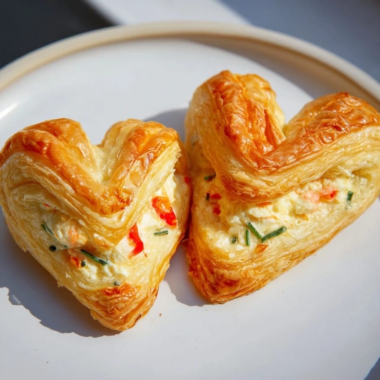 Flaky, baked Cœurs Entrelacés filled with creamy goat cheese and sweet roasted red peppers, ready to serve.