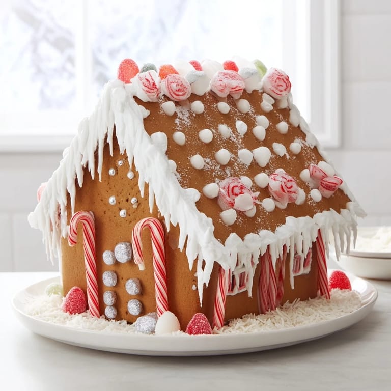 Warm tones show off this homemade gingerbread house recipe festooned with sweet, edible decorations.