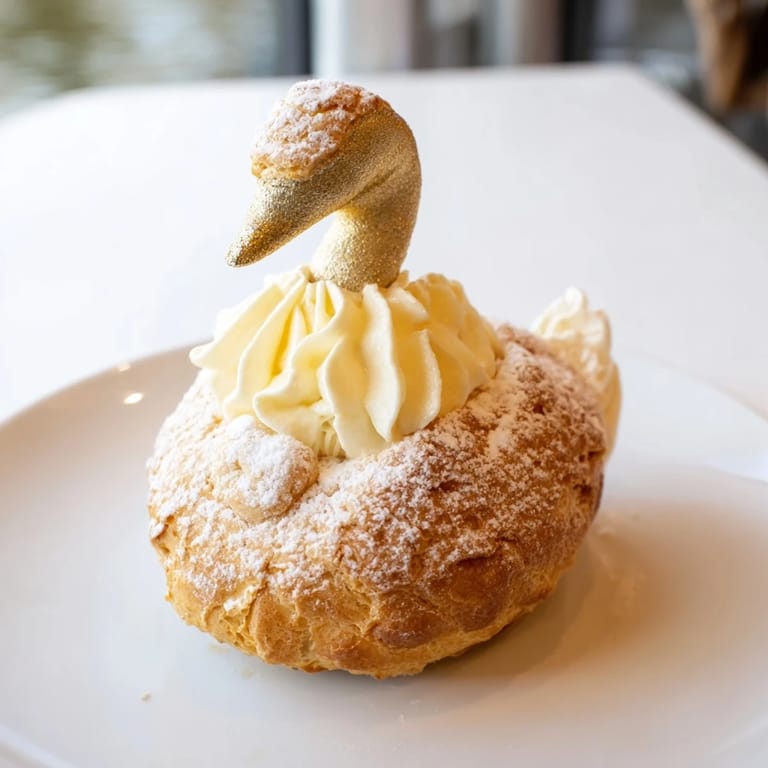 Elegant swan mini pastries arranged beautifully; light choux pastry filled with sweet whipped vanilla cream.