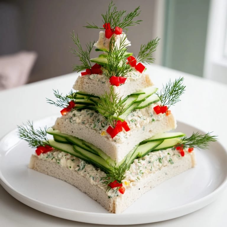 Vibrant Cucumber and Cream Cheese Tree Stacks feature creamy filling with fresh herbs and colorful garnishes.