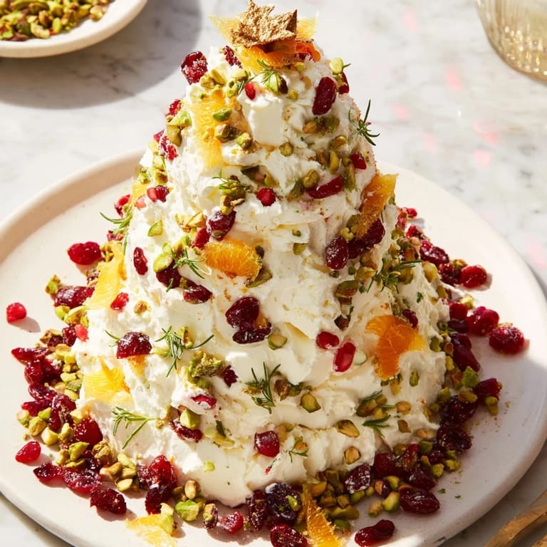 Christmas festive Rosemary Cranberry Christmas Tree appetizer; a beautiful cheese spread with cranberries and rosemary garnish.