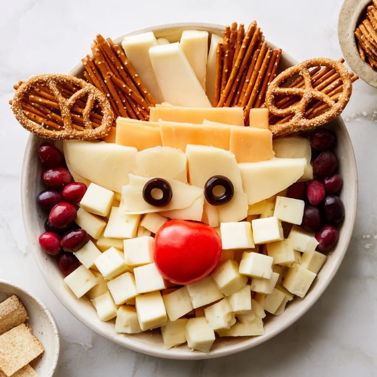 This Cheesy Reindeer Face Platter features a whimsical holiday design with crackers, cheese, and veggie accents.